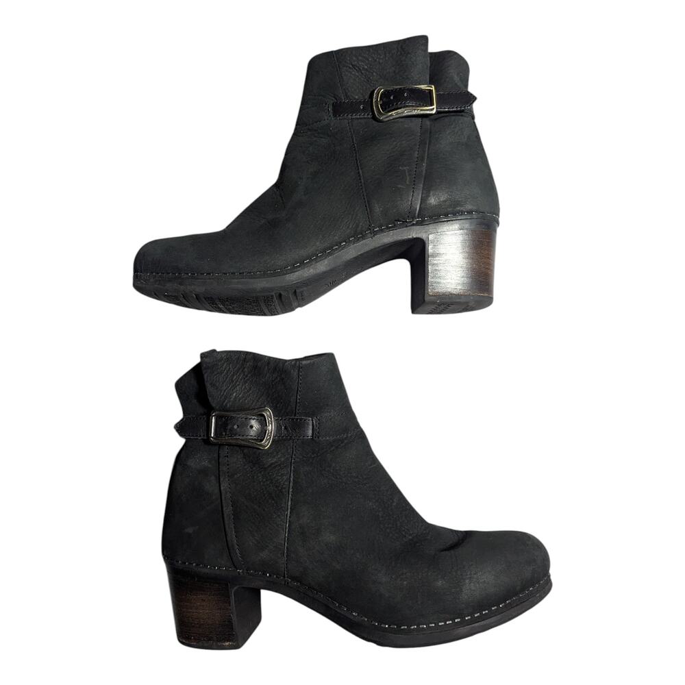 Dansko Hartley Black Nubuck Leather Block Heel Strap Accent Ankle Boots 41 10.5